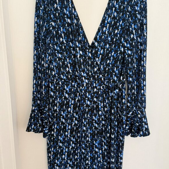 Romantic Y2K  Black & Blue Wrap Dress Holiday Party Long Sleeves & Bell Cuffs Si - Picture 2 of 9